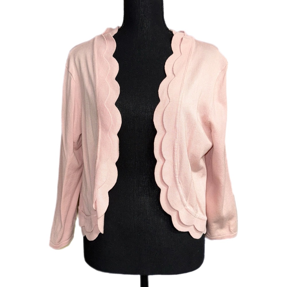 Perceptions New York Pink Scalloped Open Front Cardigan Sweater Large Blush Knit
